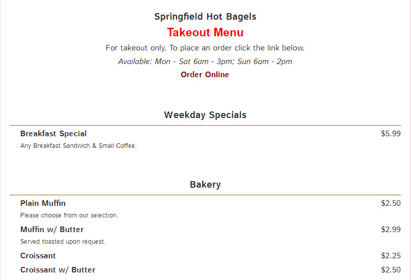 Springfield Hot Bagels   Menu 1